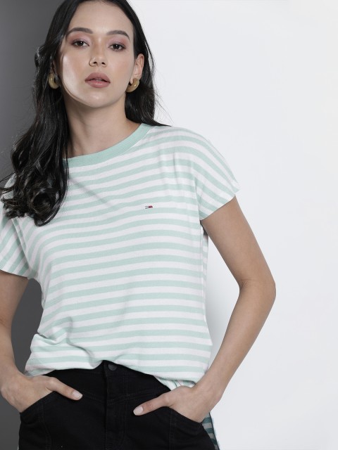 

Tommy Hilfiger Women Blue & White Striped Extended Sleeves T-shirt