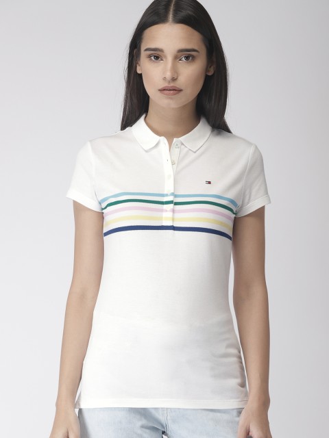 

Tommy Hilfiger Women White Striped Polo Collar T-shirt