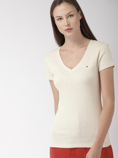 

Tommy Hilfiger Women Beige Solid V-Neck T-shirt