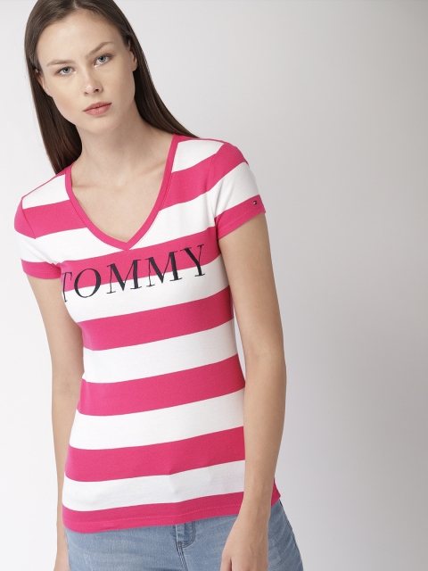 

Tommy Hilfiger Women Pink & White Striped V-Neck T-shirt