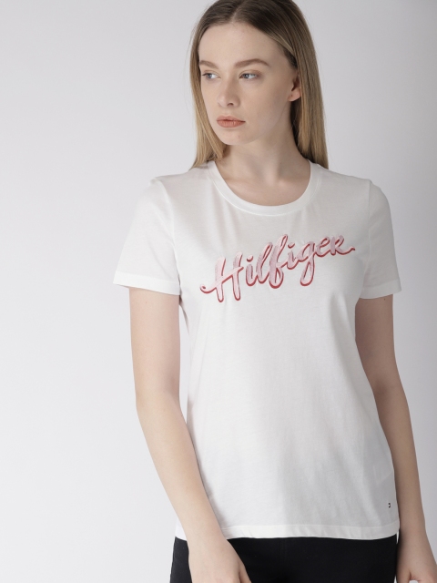 

Tommy Hilfiger Women White Self Design Round Neck T-shirt