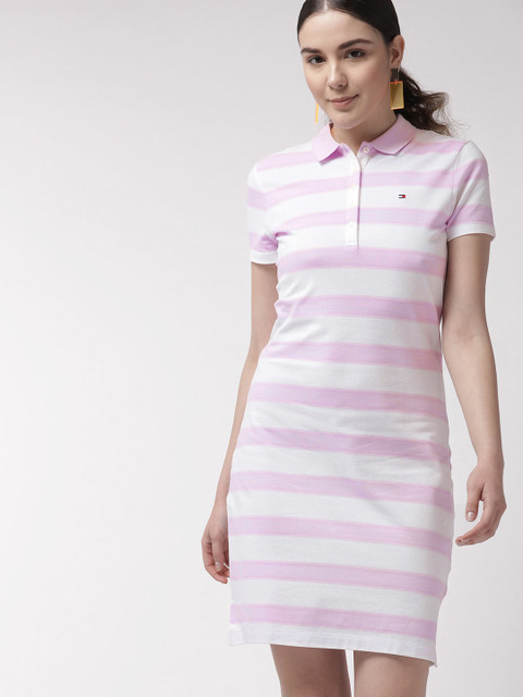 

Tommy Hilfiger Women White & Pink Striped T-shirt Dress