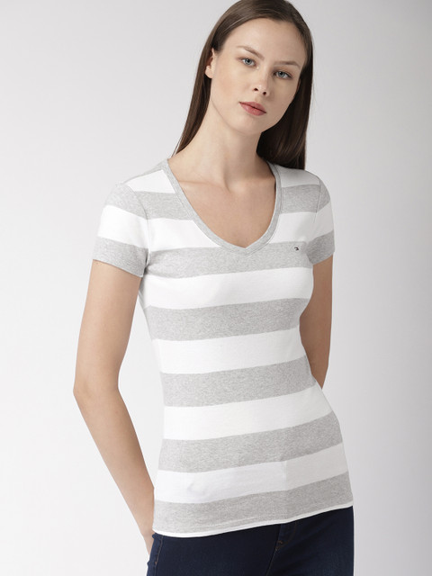

Tommy Hilfiger Women Grey & White Striped V-Neck T-shirt