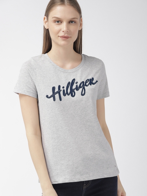 

Tommy Hilfiger Women Grey Melange Embroidered Round Neck Pure Cotton T-shirt
