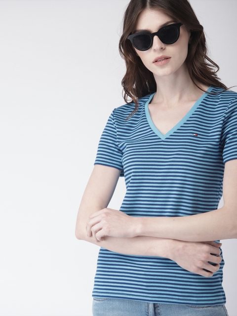 Tommy Hilfiger Women Blue Striped V-Neck T-shirt