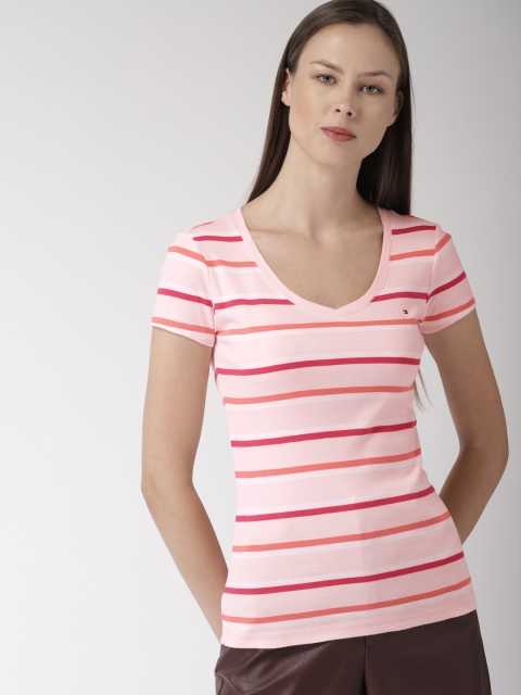 

Tommy Hilfiger Women Pink & Red Striped V-Neck T-shirt