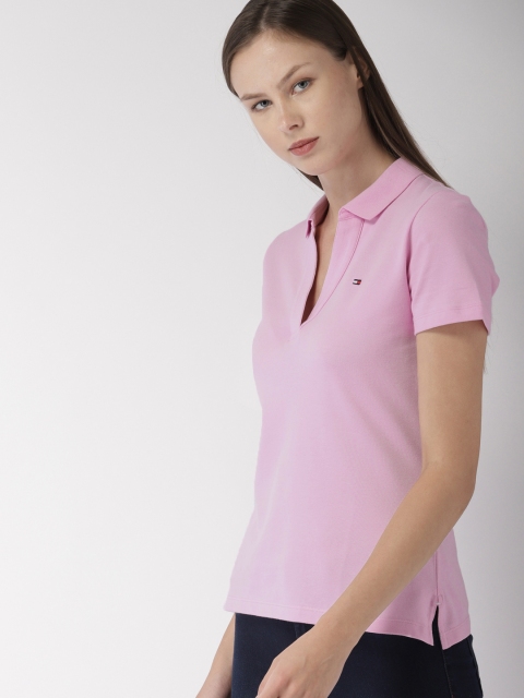 

Tommy Hilfiger Women Lavender Slim Fit Solid Polo Collar T-shirt