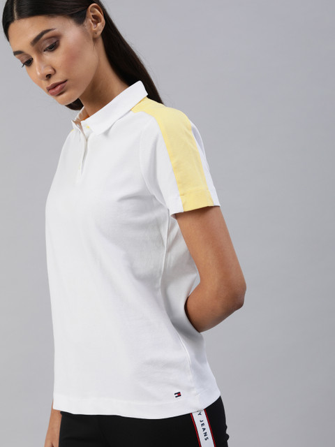 

Tommy Hilfiger Women White and Yellow Solid Polo Collar T-shirt