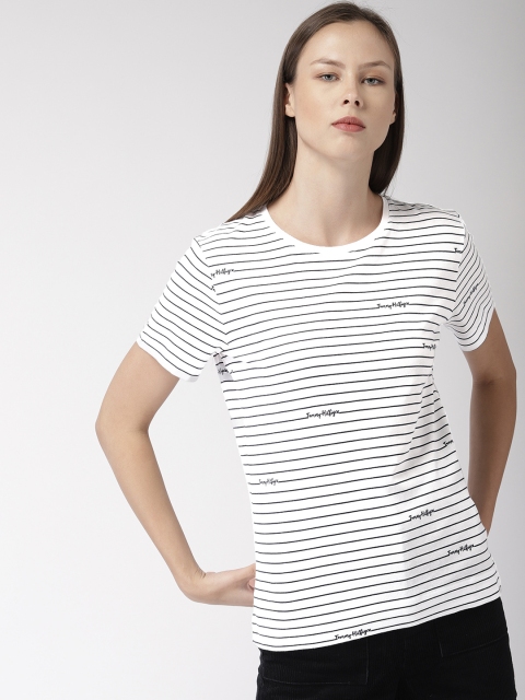 

Tommy Hilfiger Women White & Navy Blue Striped Round Neck T-shirt