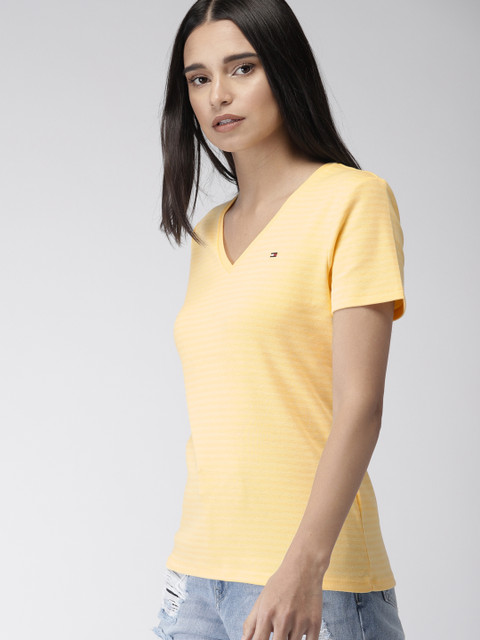 

Tommy Hilfiger Women Yellow Striped V-Neck Pure Cotton T-shirt