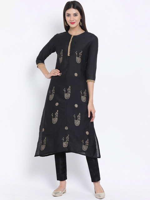 

studio rasa Women Black Printed Straight Kurta