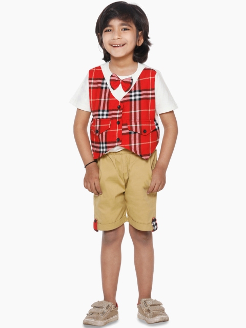 

LilPicks Boys Red & Tan Checked T-shirt with Shorts