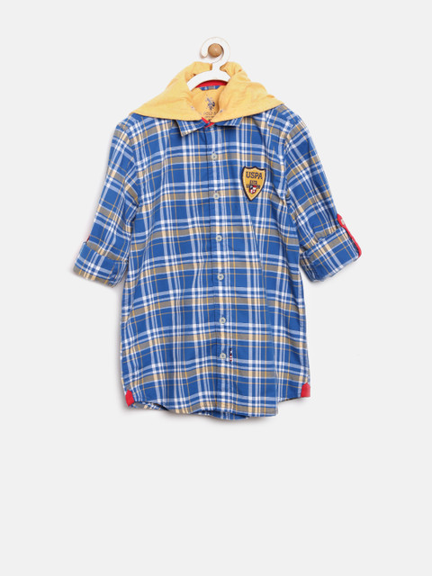 

U.S. Polo Assn. Boys Navy & Yellow Checked Hooded Shirt, Navy blue