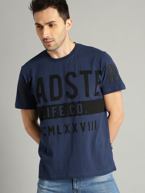 

The Roadster Lifestyle Co Men Navy Blue Placement Brand Carrier Print Pure Cotton T-shirt