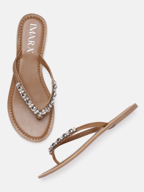 

IMARA Women Brown Solid Embellished Open Toe Flats