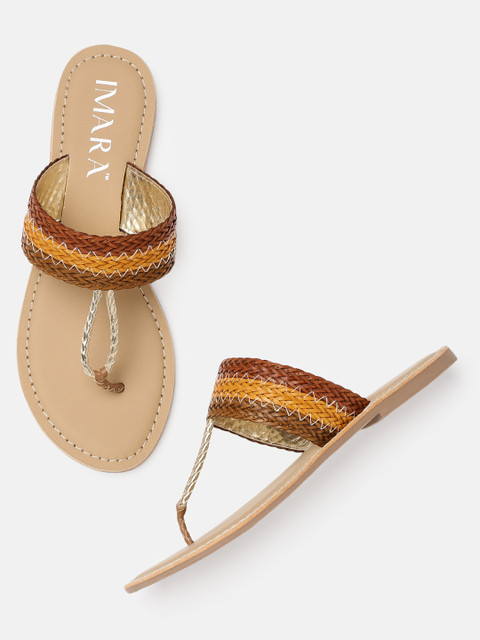 

IMARA Women Brown & Yellow Woven Design Open Toe Flats