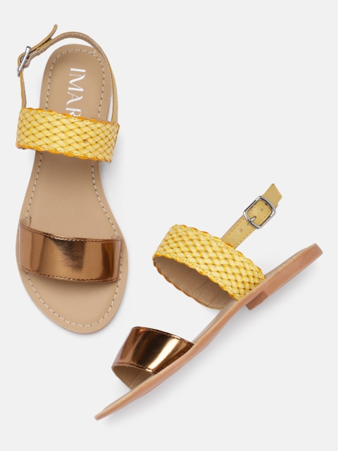 

IMARA Women Gold-Toned & Yellow Woven Design Open Toe Flats