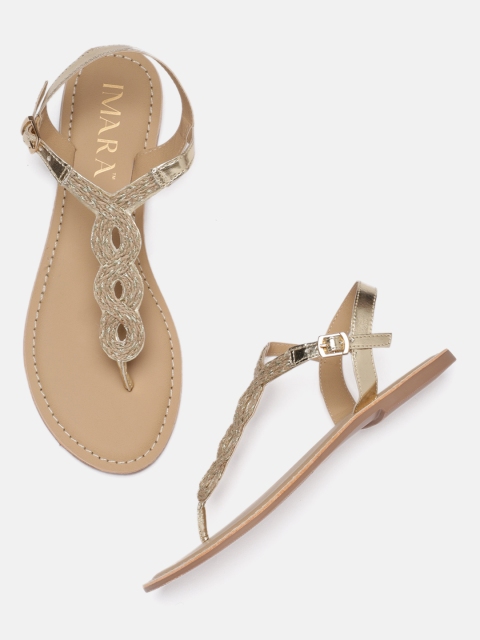 

IMARA Women Gold-Toned & Beige Woven Design T-Strap Flats