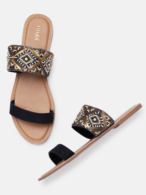 

IMARA Women Navy Blue & Gold-Toned Embellished Open Toe Flats
