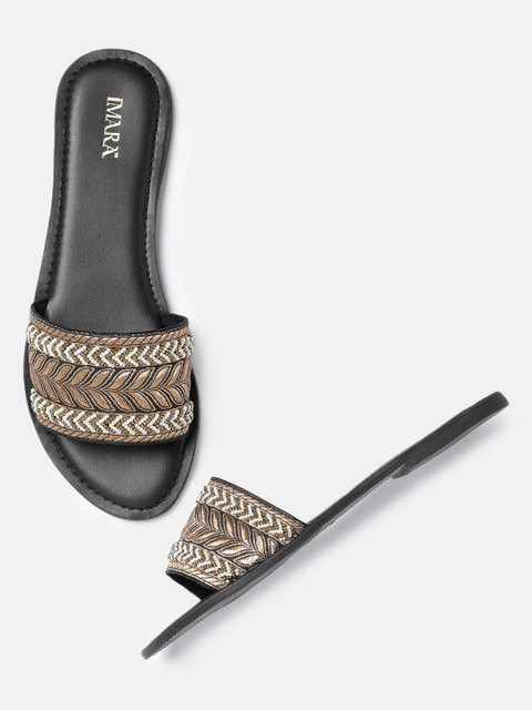 

IMARA Women Bronze-Toned & Black Woven Design Open Toe Flats
