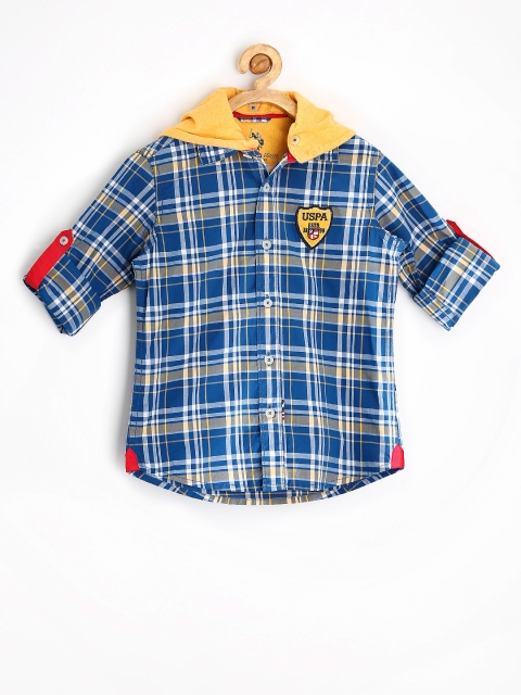 

U.S. Polo Assn. Kids Boys Blue Checked Hooded Shirt