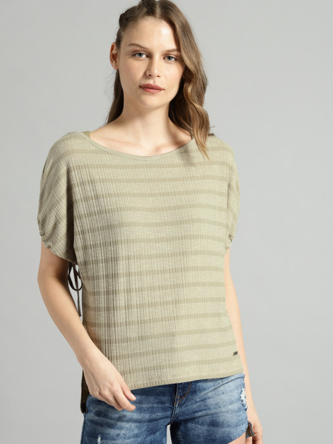 

Roadster Women Olive Green Striped High-Low Top