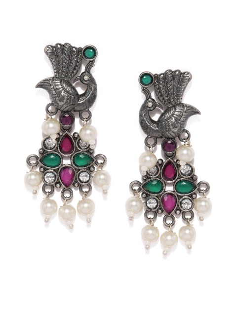 

justpeachy Silver-Toned & Pink Contemporary Drop Earrings