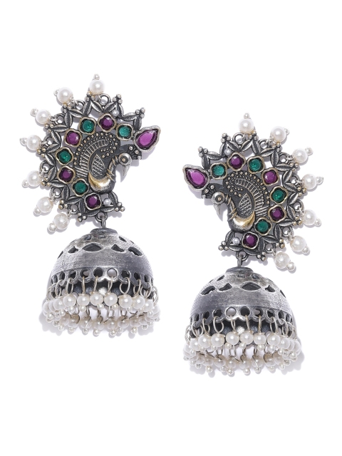 

justpeachy Silver-Plated Oxidized Stone-Studded Peacock Shaped Jhumkas