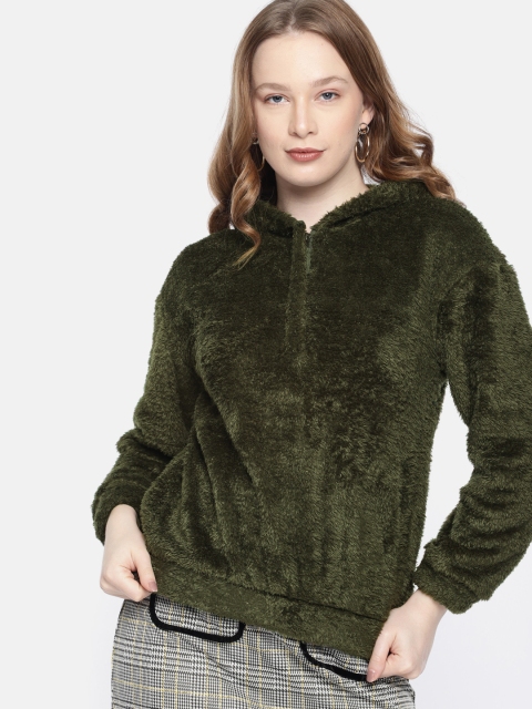 

DressBerry Women Olive Green Solid Hooded Sweatshirt