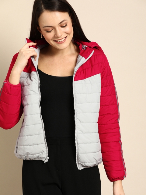 

DressBerry Women Grey & Red Colourblocked Puffer Jacket with Detachable Hood