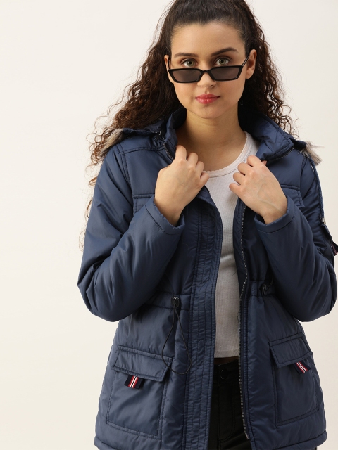 

DressBerry Women Navy Blue Solid Hooded Padded Jacket With Fuax Fur Trim
