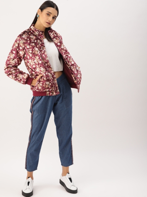 

DressBerry Women Maroon Printed Velvet Bomber Jacket