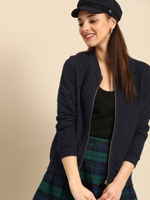 

DressBerry Women Navy Blue Solid Bomber Jacket