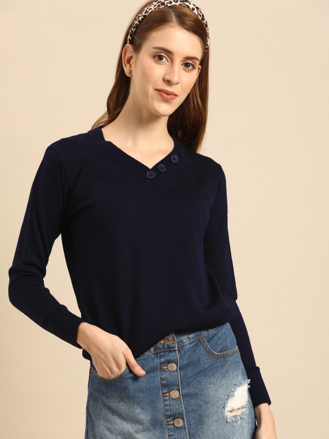 

DressBerry Women Navy Blue Solid Acrylic Sweater