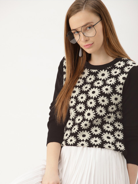 

DressBerry Women Black & Off-White Woven Design Sweater