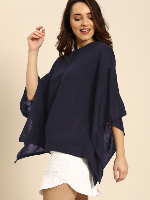 

DressBerry Women Navy Blue Solid Poncho Sweater