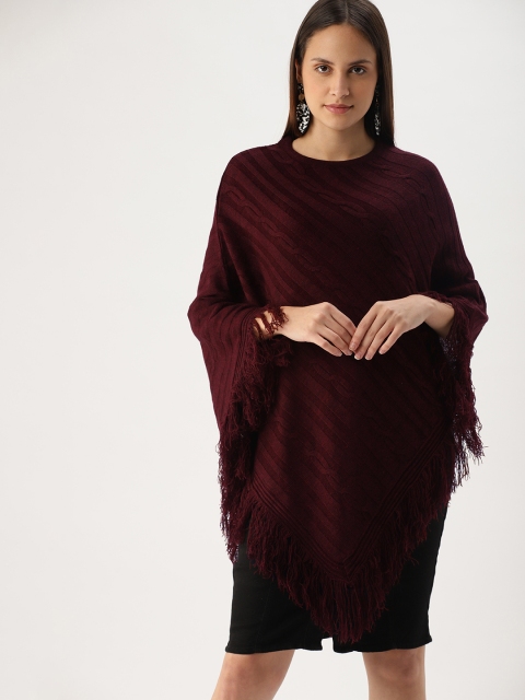

DressBerry Women Burgundy Self Design Poncho Sweater