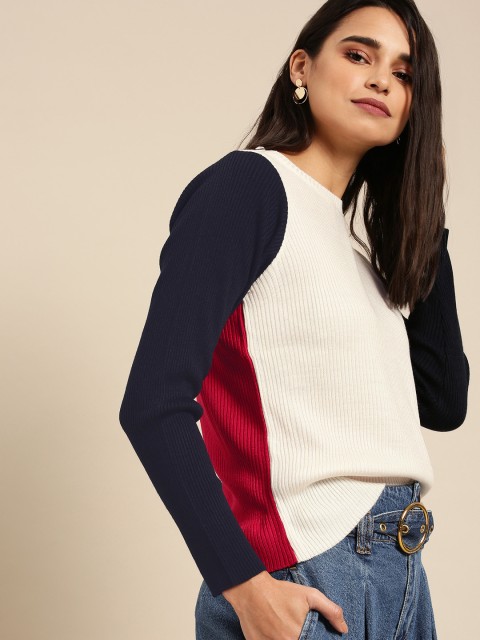 

DressBerry Women Off-White & Navy Blue Solid Sweater