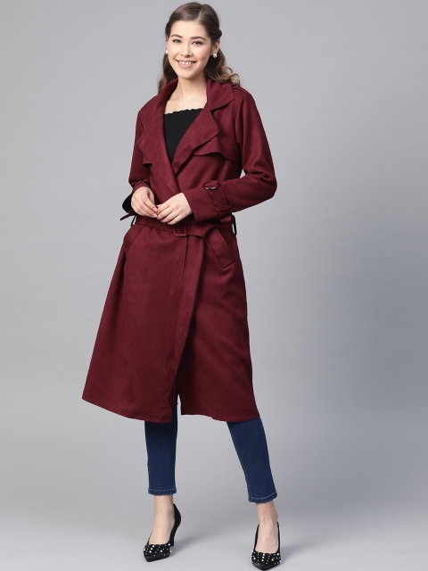 

DressBerry Women Burgundy Solid Knee Length Suede Finish Overcoat With Belt
