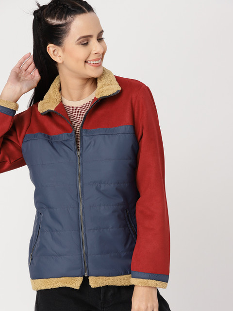 

DressBerry Women Navy Blue & Maroon Colourblocked Open-Front Jacket