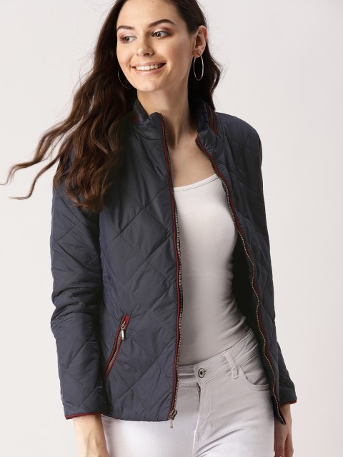 

DressBerry Women Navy Blue Solid Quilted Jacket