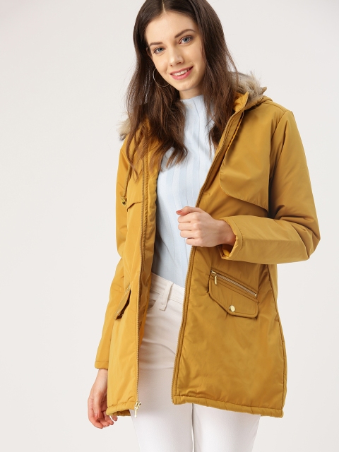 

DressBerry Women Mustard Yellow Solid Hooded Parka Jacket