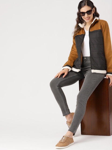 

DressBerry Women Black & Tan Brown Colourblocked Open-Front Jacket