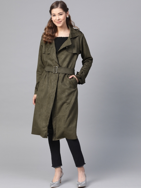 

DressBerry Women Olive Green Solid Knee Length Suede Finish Overcoat With Belt