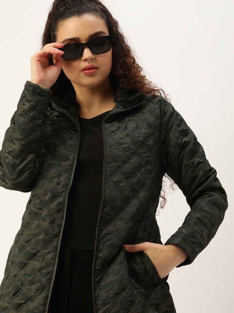 

DressBerry Women Olive Green Camouflage Printed Quilted Jacket With Faux Fur Trim