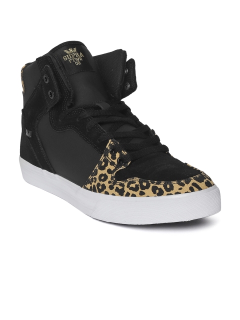 

Supra Men Black & Mustard Animal Print Vaider Suede Leather Mid-Top Sneakers