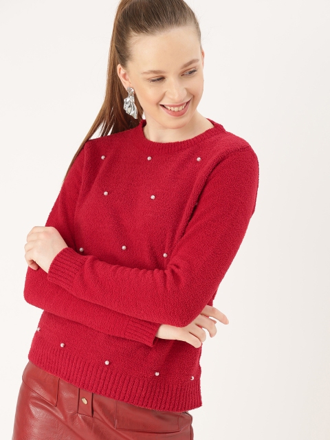 

DressBerry Women Red Solid Embellished Sweater