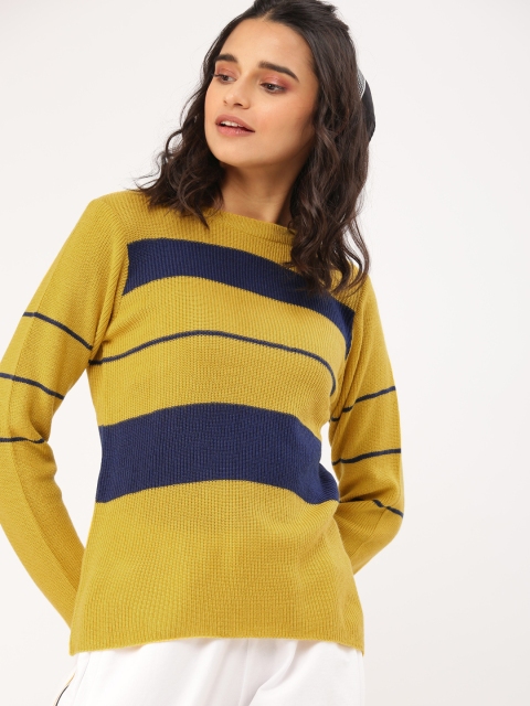 

DressBerry Women Mustard Yellow & Navy Blue Striped Sweater