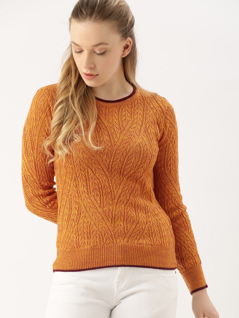 

DressBerry Women Rust Orange & Mustard Yellow Self Design Sweater