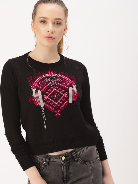 

DressBerry Women Black & Red Self Design Cropped Sweater